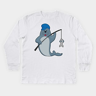 Seal at Fishing with Fishing rod & Fish Kids Long Sleeve T-Shirt